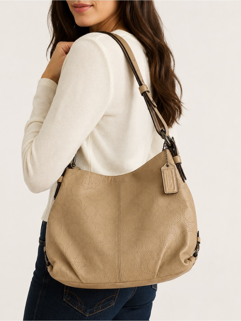 Coach Perforated Signature Leather Hobo Shoulder Bag – Beige/Tan – F1282 -F19407